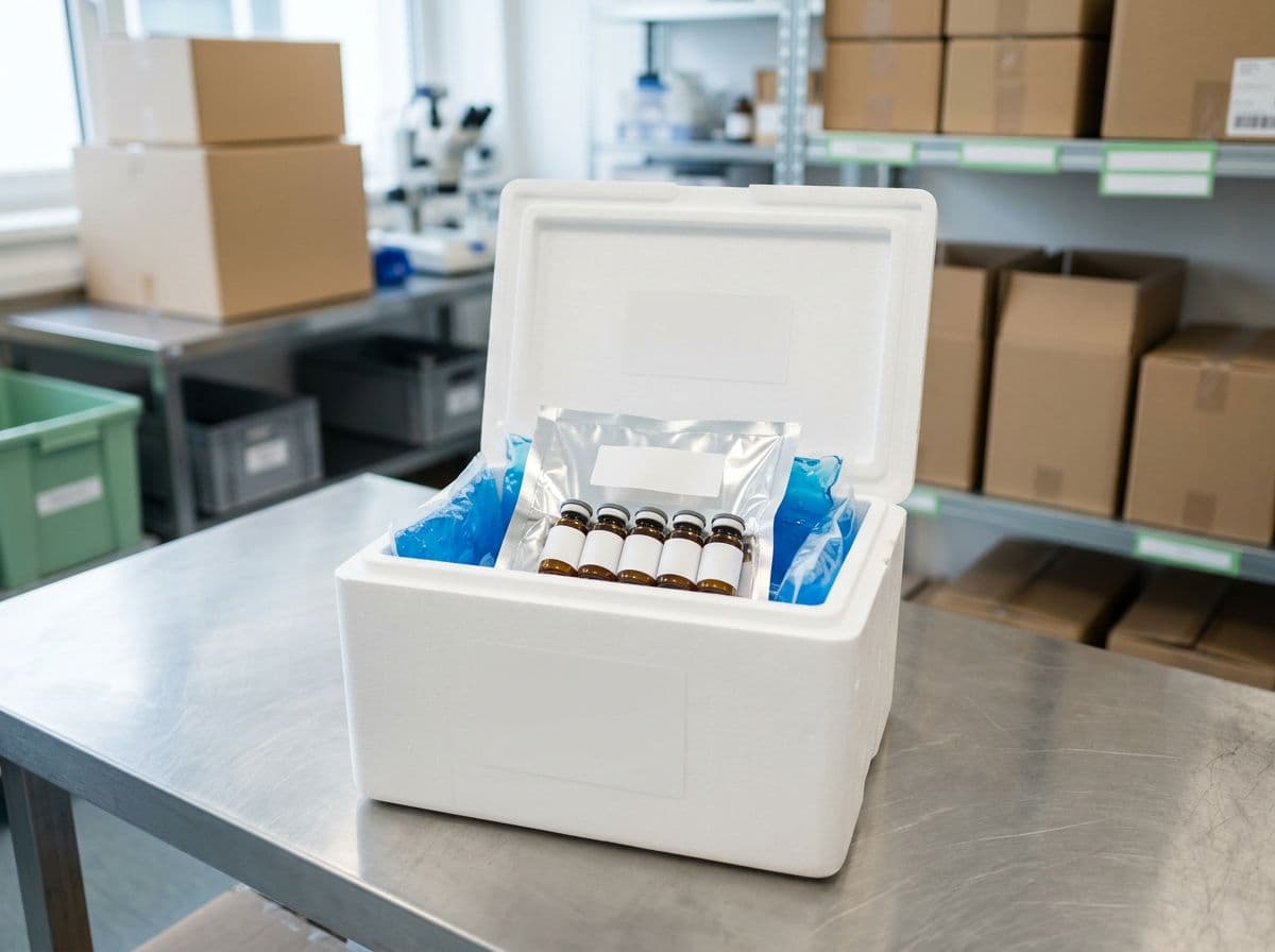 Cold-chain packaging prepared for a Retatrutide research pen shipment